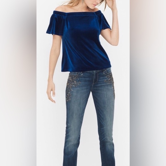 White House Black Market -- Off-the-shoulder blue velvet top - Size small - Picture 4 of 13